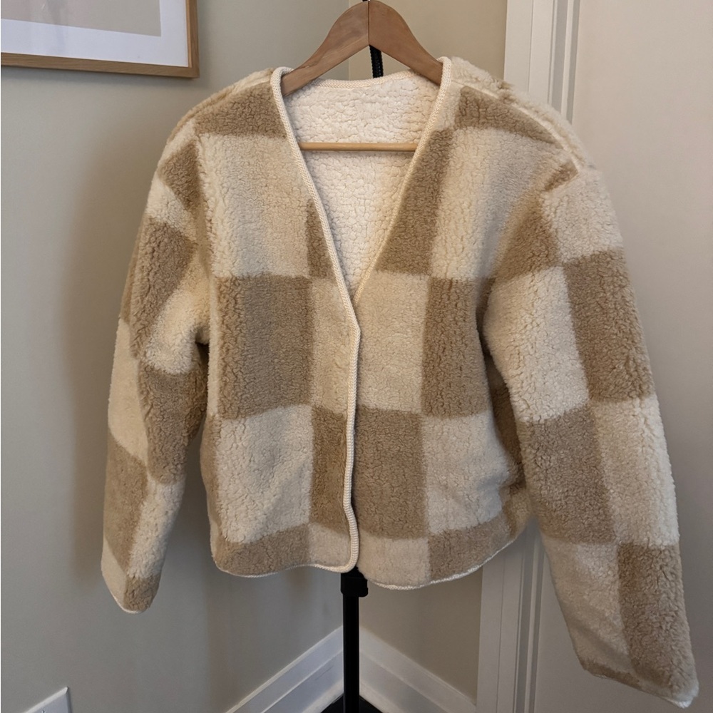 Collarless Checkered Shearling Jacket - Picture 2 of 6